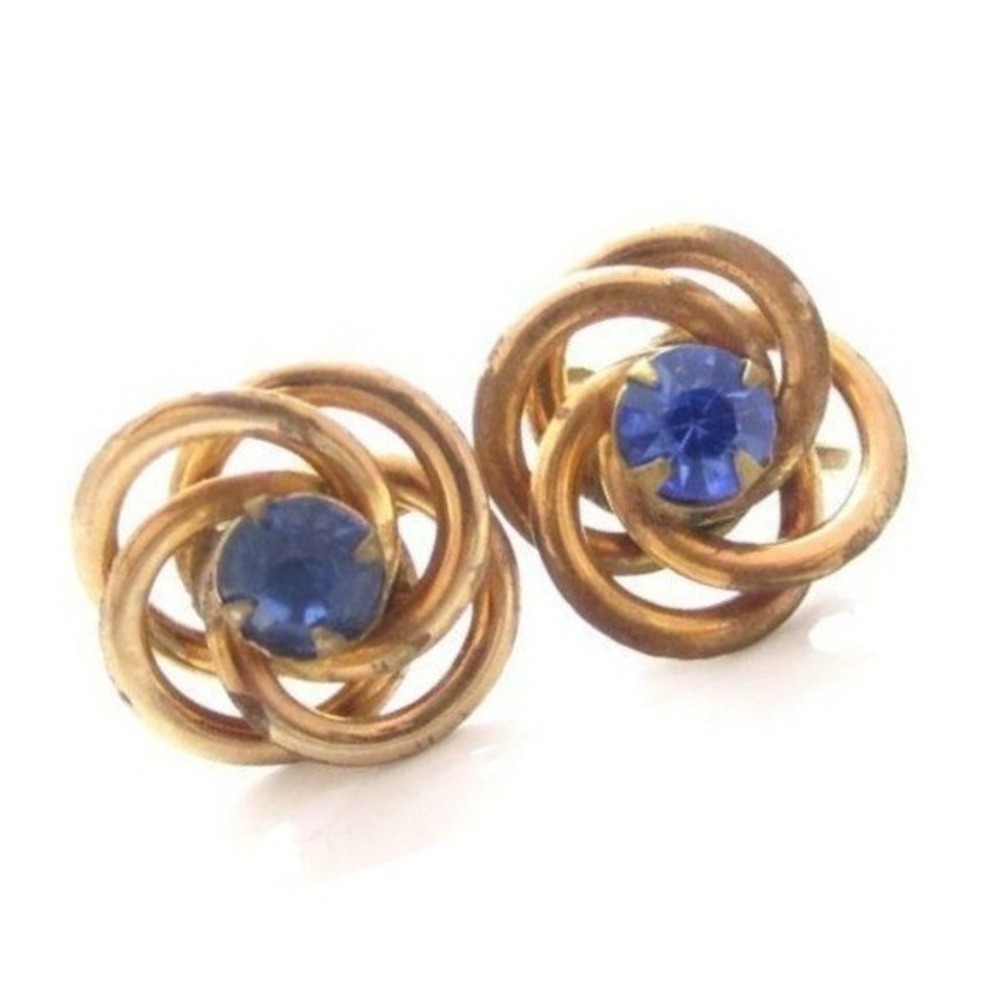 Antique Rose gold Plated Love Knot Blue Rhinestone Screw Back Earrings